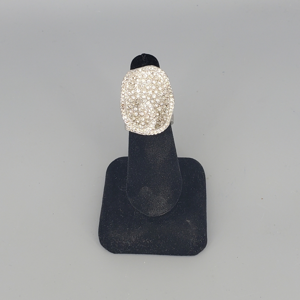 Abstract Silvertone Rhinestone Cocktail Ring - Picture 7 of 12